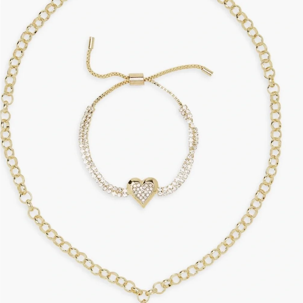 BaubleBar Gold Heart Pendant Necklace and Bracelet Gift Set NIB